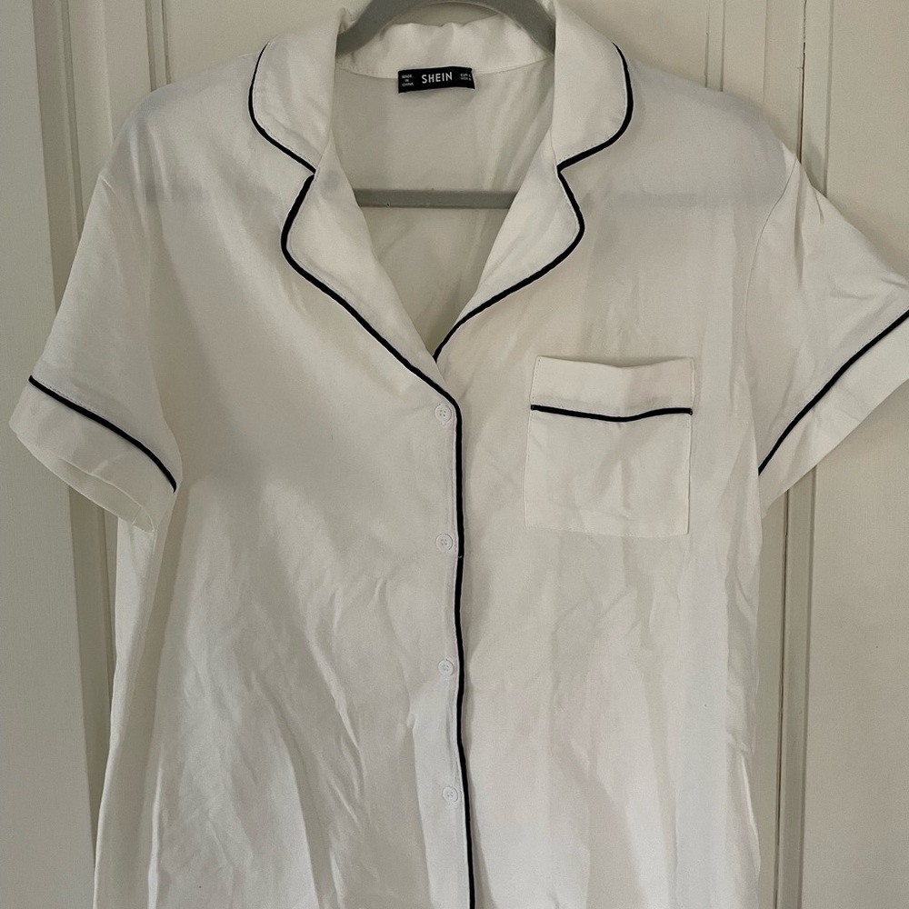 SHEIN White Collared Button pajama set with Black Label Detail